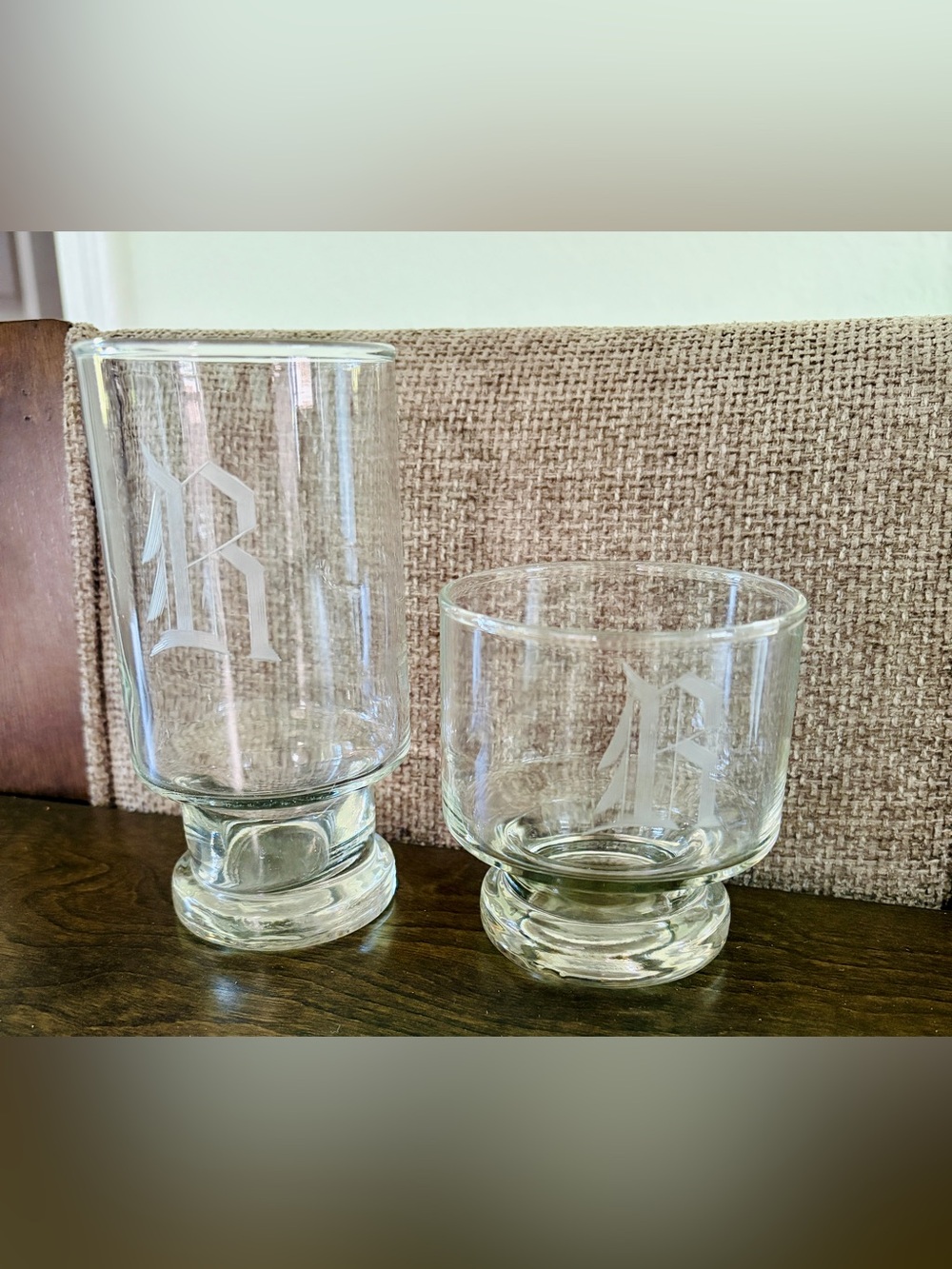 Vintage MCM Monogram R Footed Cocktail Glasses Set of 2 Highball Rocks Glass
